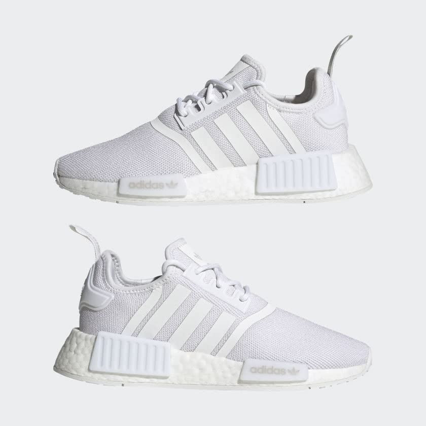 adidas Originals NMD_R1 Primeknit Skate Shoe, White/White/Grey, 4.5 US Unisex Big Kid